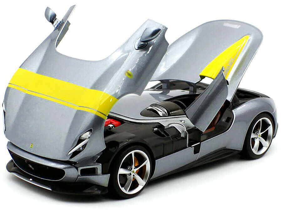 FERRARI MONZA SP1 SILVER W/YELLOW STRIPES 1:18 DIECAST MODEL CAR