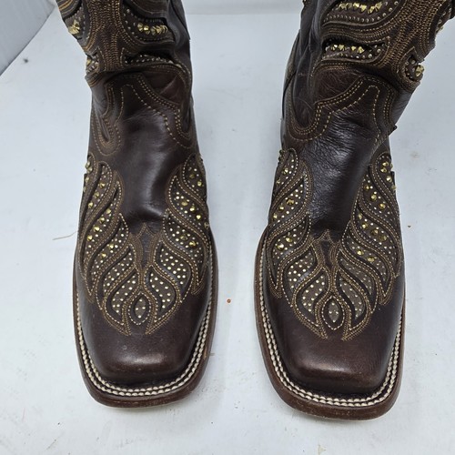 Corral Womens Size 9.5 Brown Crystal Gold Inlay Square Toe Cowgirl Boots - Picture 4 of 12