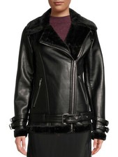 Mark Alan Ny Women's Vegan Leather Faux Fur Collar Coat W/ Plush Collar Lining