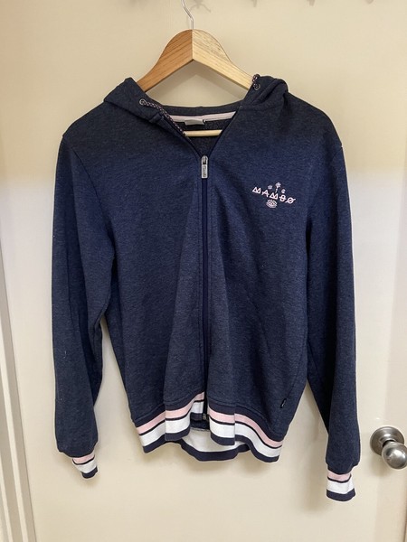 Mambo Blue Striped Hem Embroidered Goddess Zip Up Hoodie-Comfy-Casual-Size 12