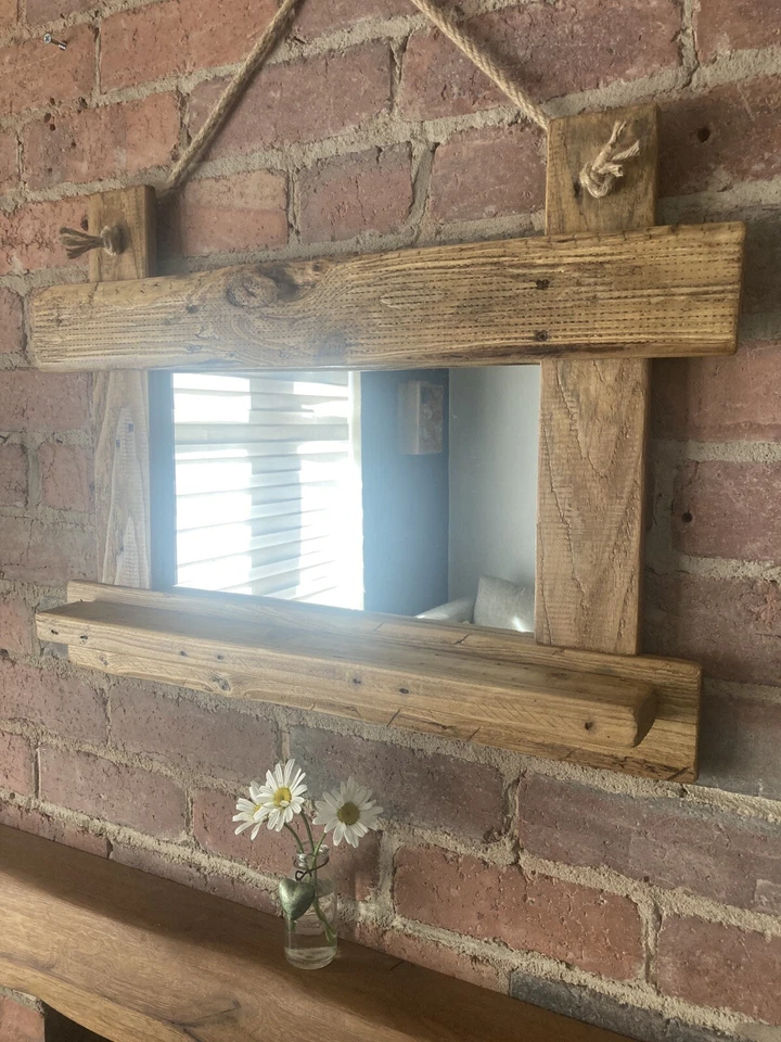 ESPEJO RÚSTICO DE GRANJA, ESTANTE PARA VELAS, HECHO A MANO, madera de palet recuperada, grueso Foto 3 de 4