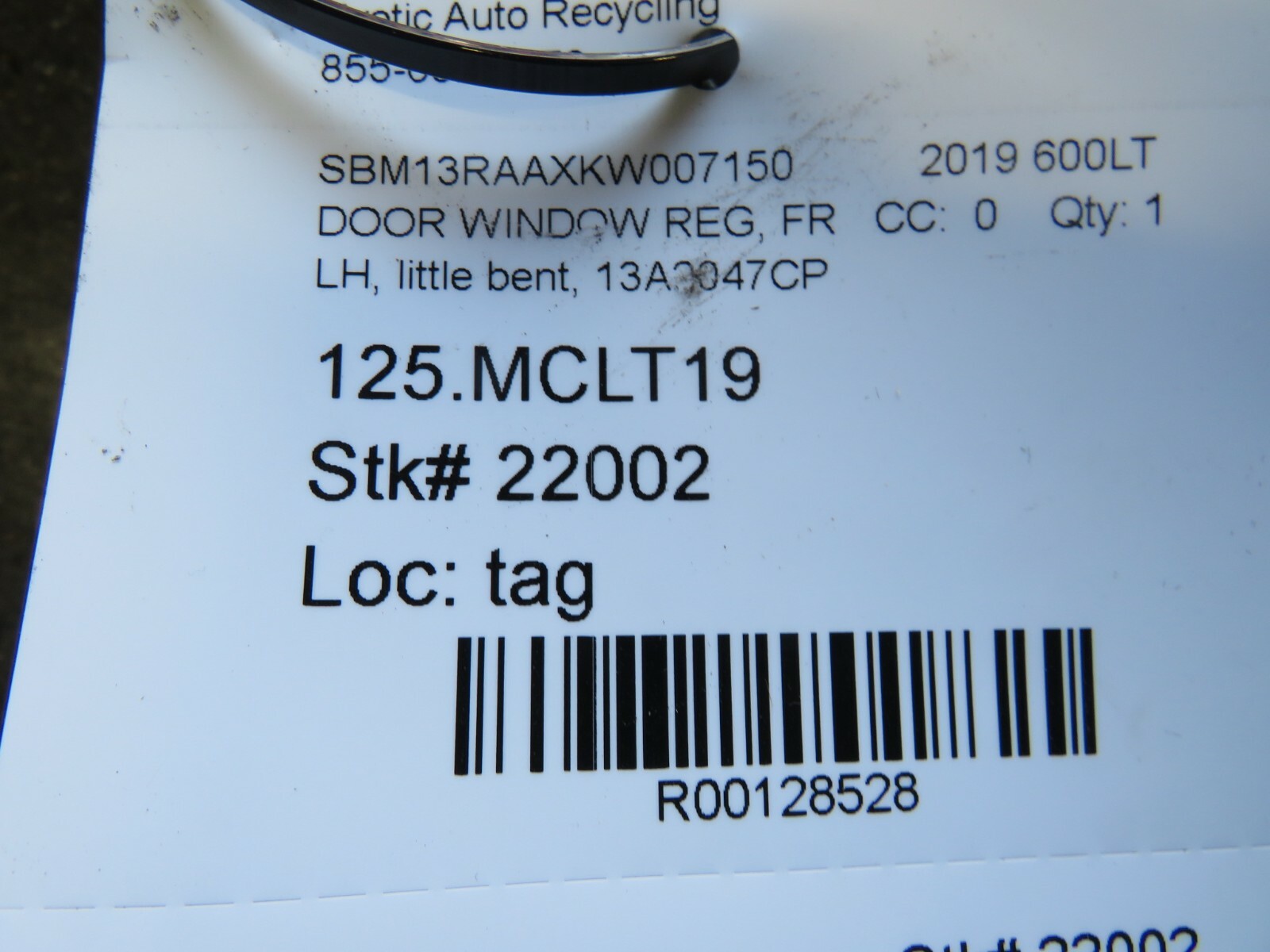 Mclaren 600LT, LH, Front Door Window Regulator, Bent, Used, P/N 13A2047CP