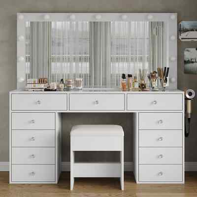 11-Drawer Vanity Desk with HD Mirror, 13 LED Bulbs & Charging Station, White