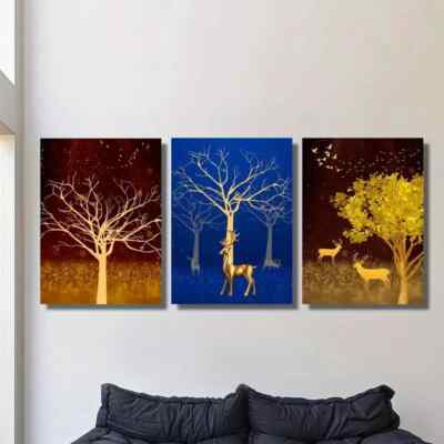 3pcs Abstract Golden Tree and Golden Deer Art Metal Print Ready to Hang Art