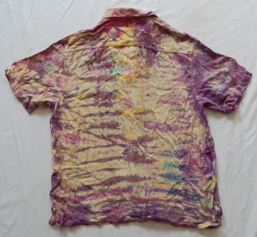 Silk Tie Dye Pink Purple Striped Short Sleeve Button Up Shirt - Medium Hand Made - Picture 2 of 5