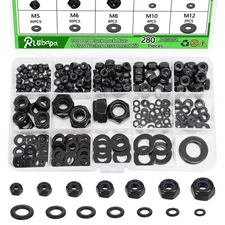 280 PCS Black Lock Nuts & Flat Washer Assortment Kit, Metric Nuts and Flat Wa...