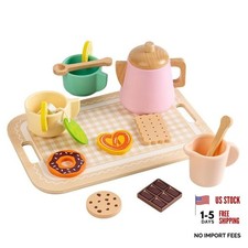 Wooden Toy Tea Set for Little Girls, 15 Pcs Wood Kitchen Accessories with