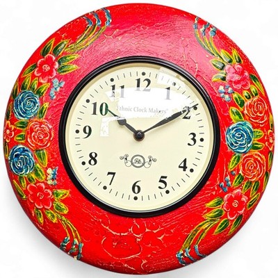 Handbemalte Wanduhr aus Holz 12 Zoll - Rot Floral Vintage Design | Ethno Boho
