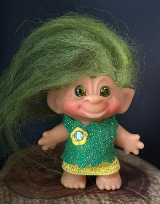 Vintage 1960s DAM  64 Troll Doll, Green Ombre Mohair, Original Green Glass Eyes