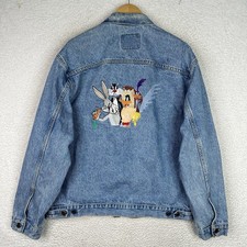Vintage 90s Looney Tunes Denim Jacket XL Bugs Bunny Tweety Sylvester Embroidered