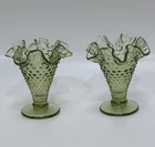 Vtg Fenton 2 Hobnail Ruffled Double Crimped Trumpet Vases Footed Colonial Green
