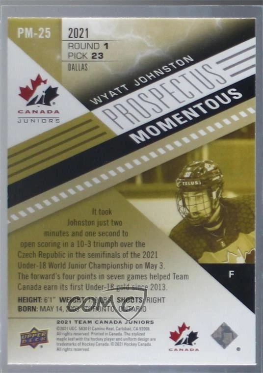 2021 Upper Deck Team Canada Juniors Prospectus Momentous Wyatt Johnston #PM-25 - Image 2 of 2