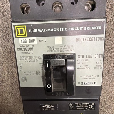 SQUARE D KAL36100 100A 600V 3POLE CIRCUIT BREAKER * Ships Fast *