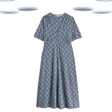 Ex White Stuff Women's Midi Dress - Migan Short Sleeve Jersey Blue Spot Floral