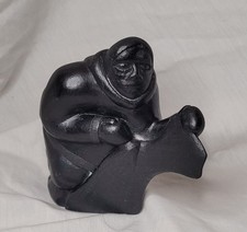 VTG Soapstone Carving Kneeling Inuit Hunter with Pelt signed QUMALUK