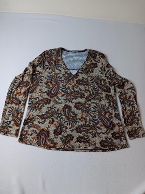 Daniel Rainn Blouse Womens XL Beige Paisley Jersey V-Neck Stretch Relaxed Top