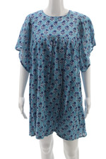 India Collection Women Shift Dress Blue Floral Cotton Short Sleeve Size XS