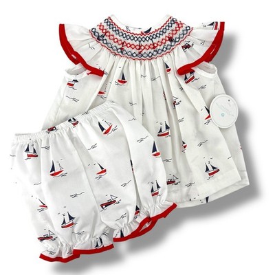 Edgehill Collection Smocked Bishop Dress Bloomers Set Sz 9 M Nautical Sail Boat