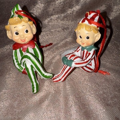 Vintage Christmas Elf Pixie Knee Hugger Ornaments Resin? Lot Of 2