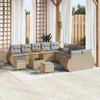 13-Teilige Garten Sofa Set Mit Kissen Beige Poly Rattan Akazie, 3-Teilige Garten
