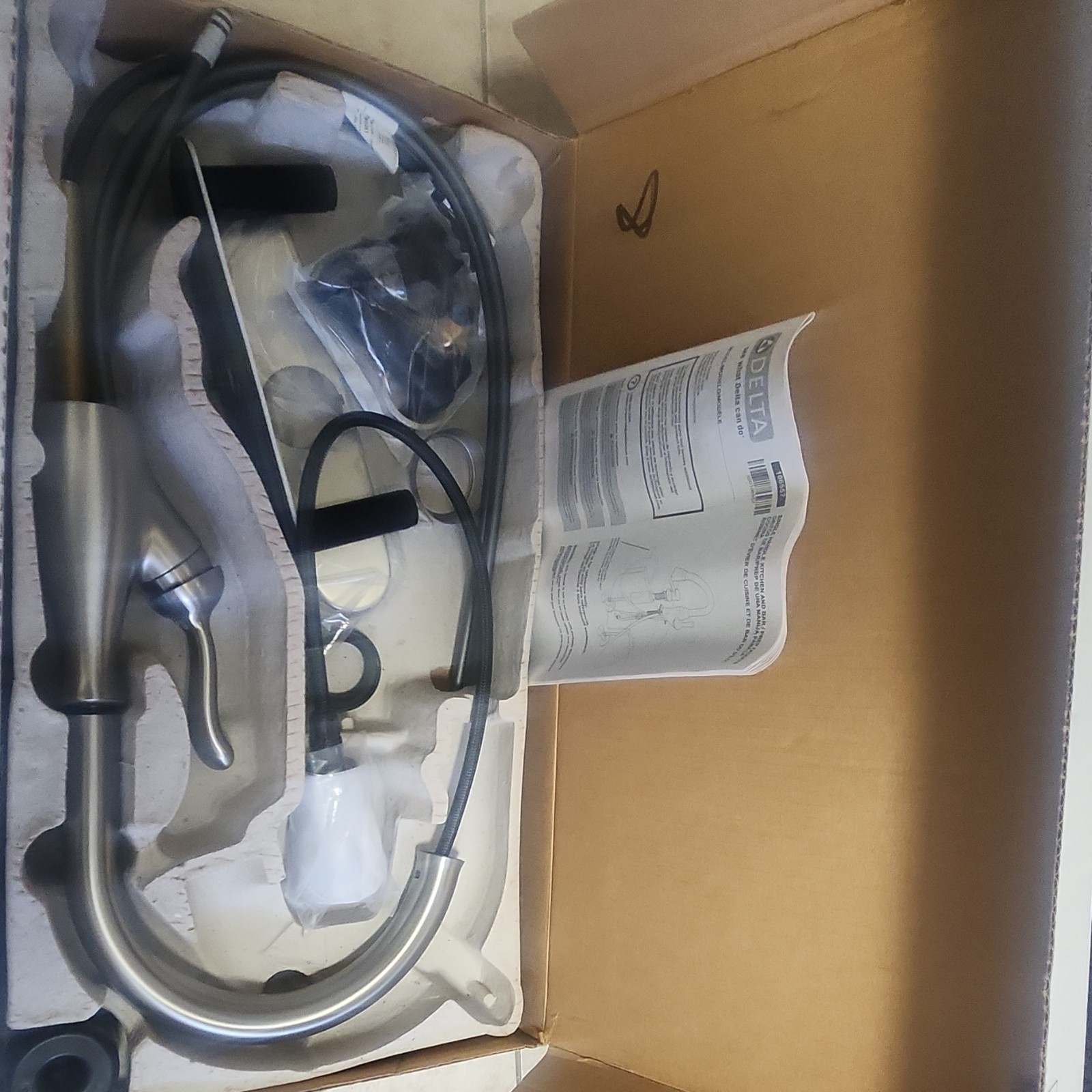 Delta 106557 Single Handle High Arc Brushed Metal Kitchen Faucet Modern