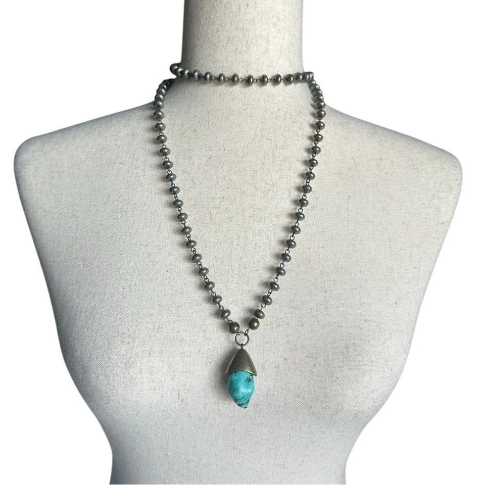 Long Beaded Lariat Necklace Pewter Tone Chain Turquoise Blue Pendant Statement - Image 2 of 3