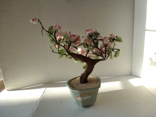 Vintage Glass Cherry Blossom Bonsai Tree -Art Decor Flowers Leaves - Picture 5 of 12