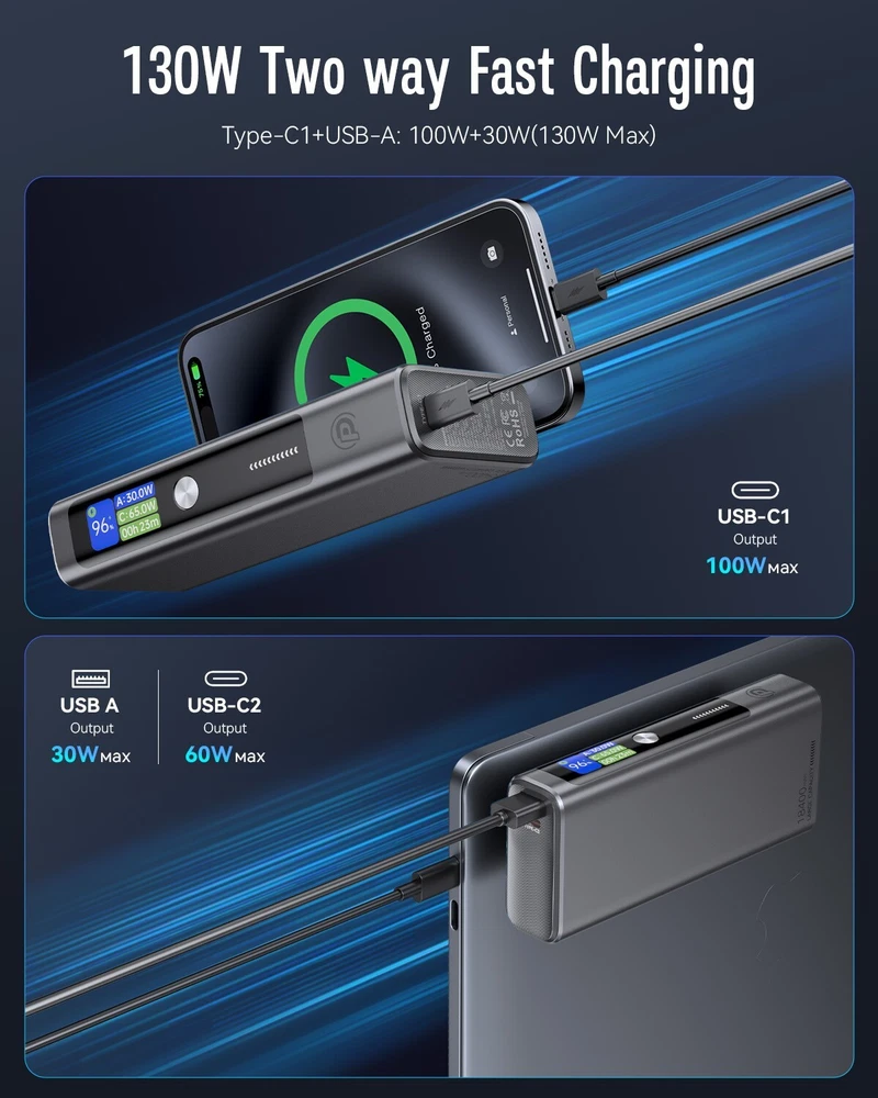 Power Bank 18400mAh 130W Charger Portable External Battery Backup For Cell Phone