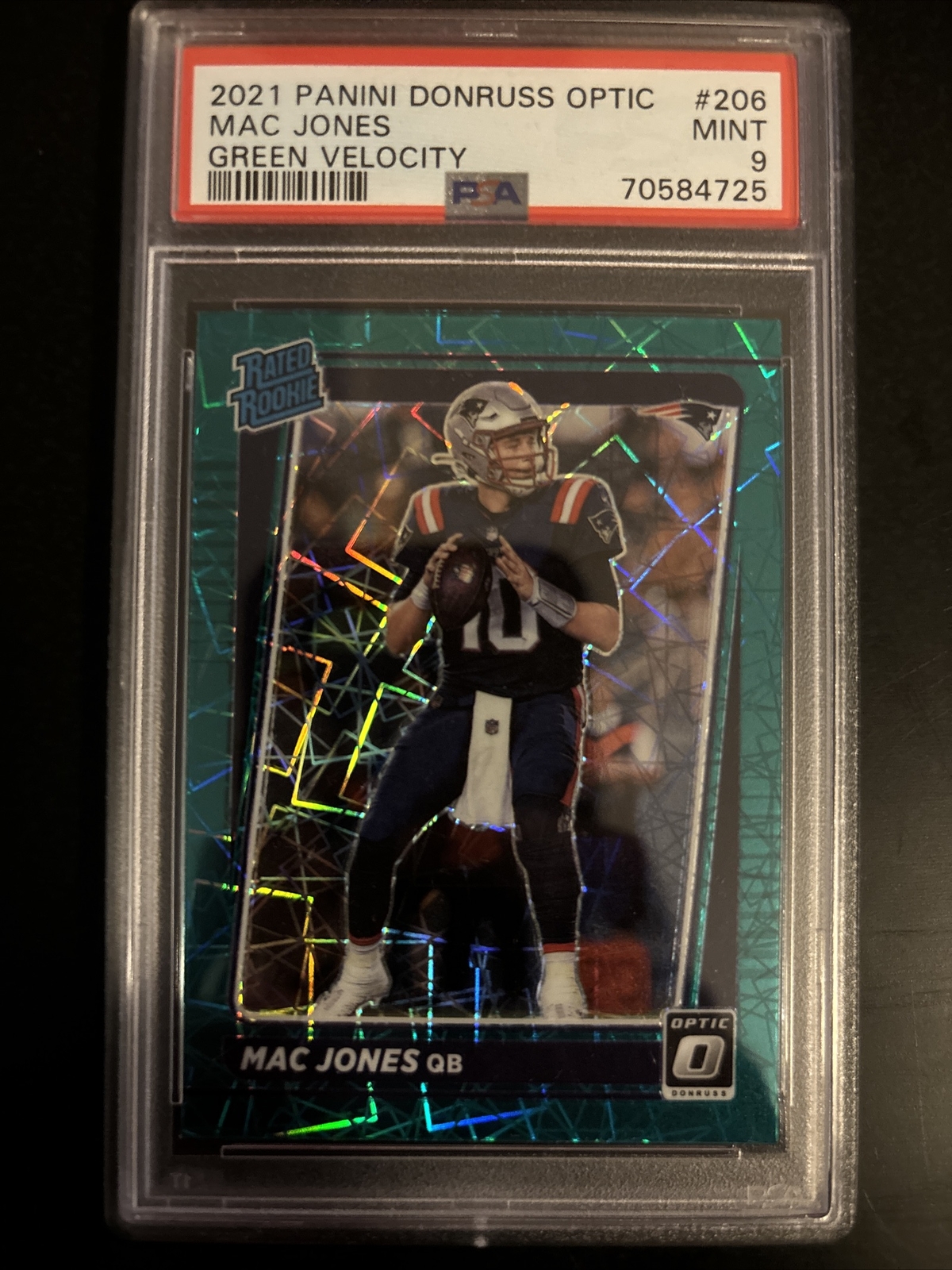 PSA 9 Mac Jones 2021 Optic GREEN VELOCITY Prizm Rated Rookie #206 RC Patriots