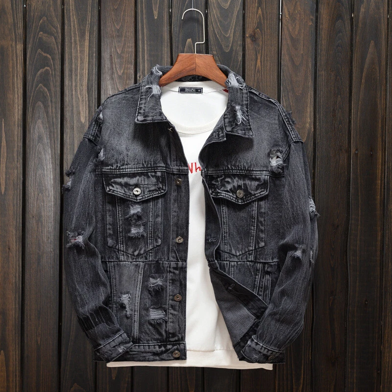 Distressed black jean jacket cheap mens