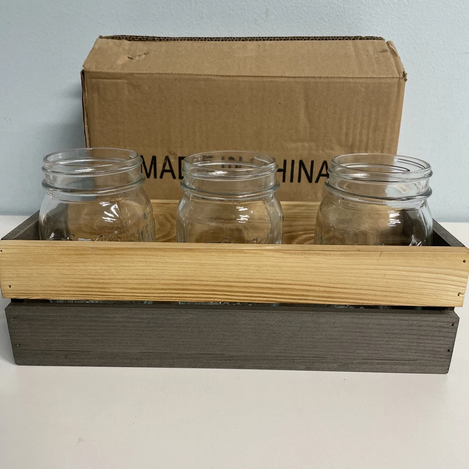 Tarros de conservas de masón en madera natural/gris bandeja centro de mesa con tarro de 3 bolas de pinta Ki Foto 2 de 4