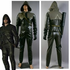 Green Arrow Oliver Queen Costume Cosplay Outfit PU Leather Suit Jacket