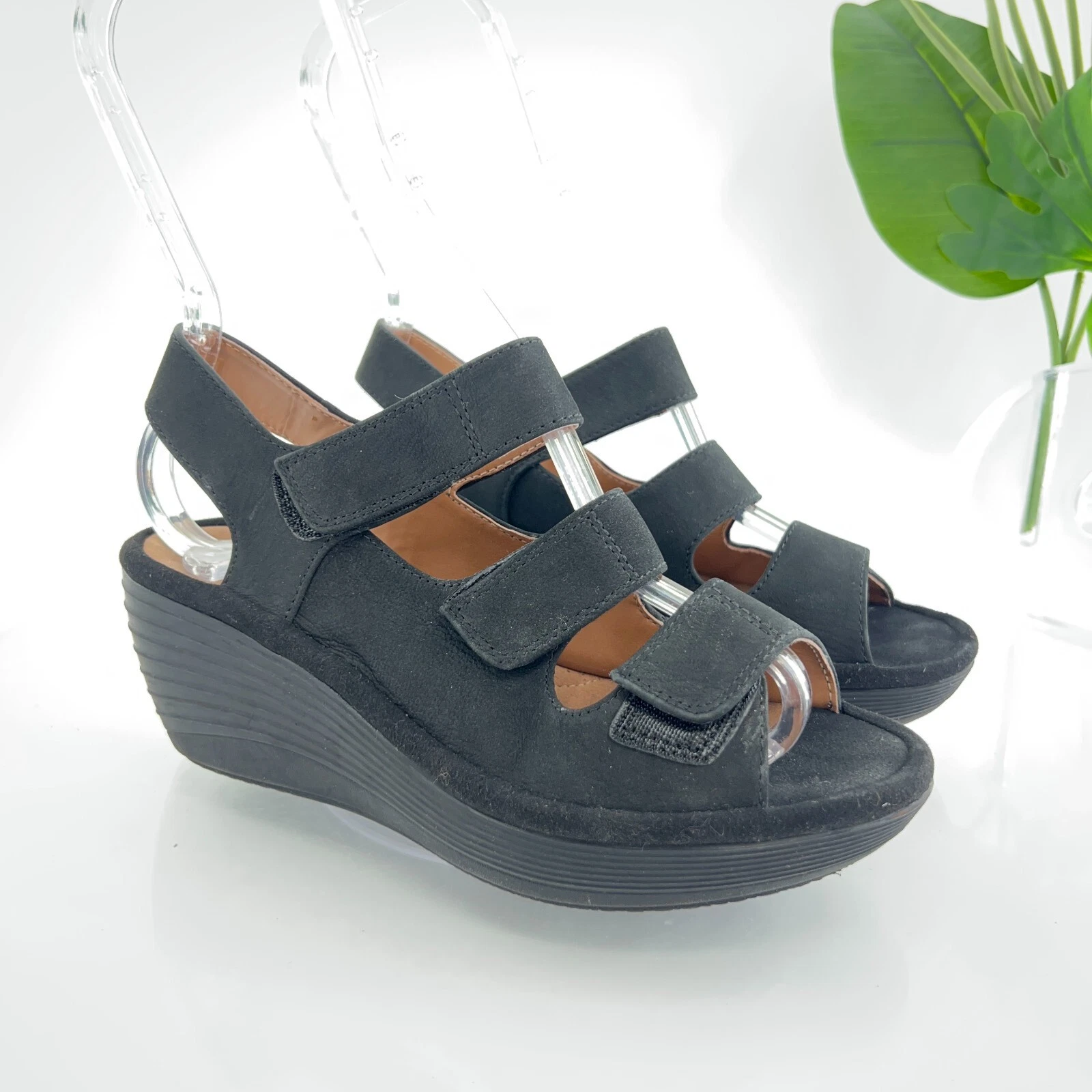 Clarks sandalo donna Reedly Juno misura 5 zeppa tacco cinturino nero scarpa pelle