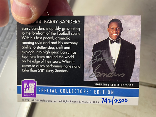1991 Arena Hologram BARRY SANDERS HOLO #4 Card Autographed Card #1114/2500