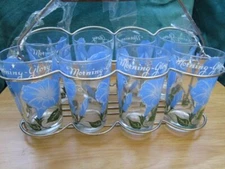 Vintage 8 Peanut Butter 5" Glasses Blue White Morning Glory  w Teakwood Carrier