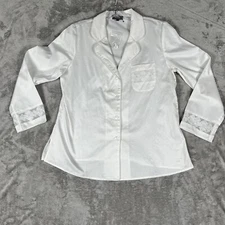 Julianna Rae Luxury Cotton Sateen Button Down LS Pajama Top White Lace Trim Med