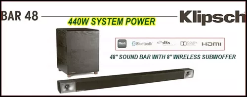 KLIPSCH BAR 48 440W 3.1 SOUND BAR WITH 8" WIRELESS SUBWOOFER
