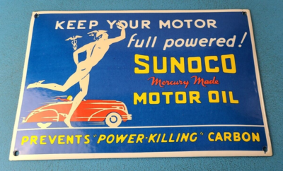 #ad Vintage Sunoco Mercury Made Sign Auto Gas Pump Plate Porcelain Motor Oil Sign $114.47