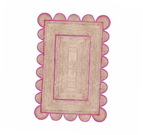 Area Rug Natural Jute Hand Braided Rug Scalloped Runner 3x5 Ft Pink