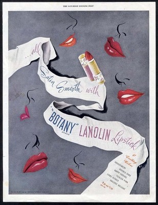 BOTANY LIPSTICK 1946 Ad Lots of PRETTY RED LIPS Satin Smooth Lanolin Cosmetic