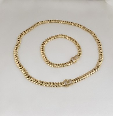 Women Men 14K Gold Plated Cz Cuban Choker Chain Necklace And Bracelet Set 