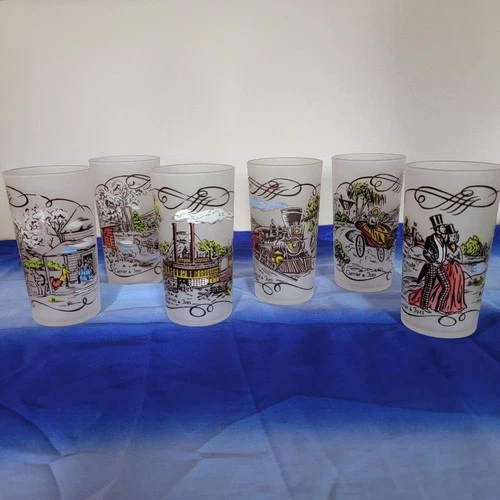 6 Vintage 1950's MCM Federal Glass Currier Ives Scenic Frosted Tumblers Gay Fad