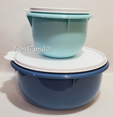 TUPPERWARE Mixing Bowl Set Flat Bottom 12 c Dragonfly Blue 4 c Pastel Blue Bowls