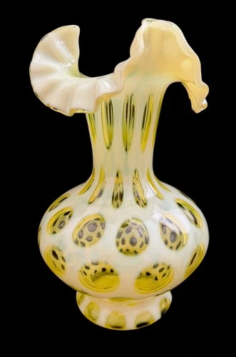HTF Fenton Topaz Vaseline Coin Dot 10.5” Lg Ruffled Vase- Beautiful! Best Offer-