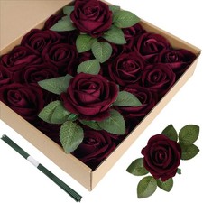 Burgundy Artificial Flowers Velvet Roses 25 PCS Real Look Silk Flowers with S...