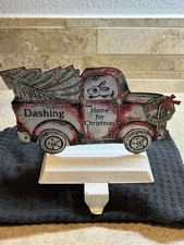 Christmas Stocking Hanger Holder Vtg Galvanized Metal Old Red Pickup Truck
