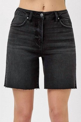 Risen Tummy Control High Rise Mid Length Raw Cut Hem Shorts - Plus Black
