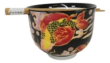 Black Oriental Koi Fishes Ceramic Donburi Ramen Soup Bowl With Chopsticks Set