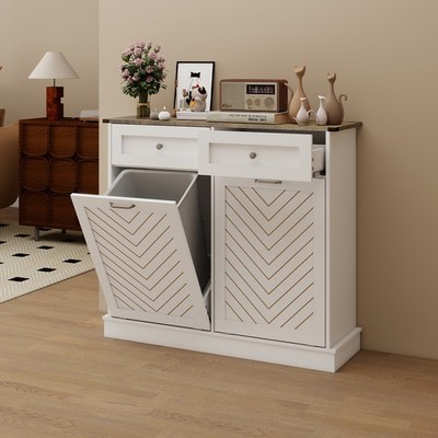 White Kitchen Trash Can Storage Cabinet Tilt Out Free Standing with Drawers