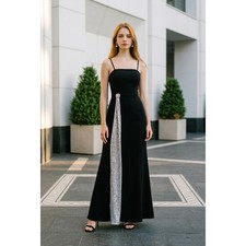 Betsy Adam Black Sequin Brooch Gown Square Neck Gown A26746 Size 6
